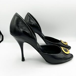 Bally Vintage Black Leather Peep-Toe Heels Gold Accent 40.5/ 10